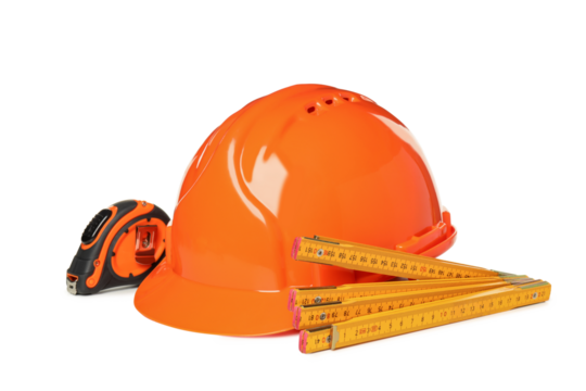 PNG, orange construction helmet and rulers, isolated on white background