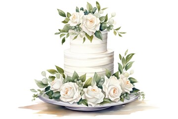 Wedding cake with flowers. Watercolor illustration isolated on white background