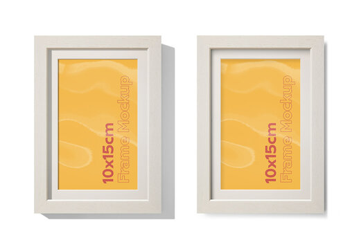 Mockup of vertical white wood frame 10 x 15 cm with customizable background, mount and shadows