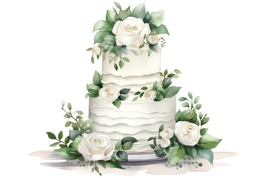 Beautiful vector image with nice watercolor wedding cake and green leaves