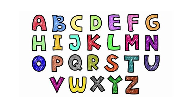 Set of hand drawn Alphabet animation with crayon effect on a white background. Looped motion graphics. loop animation.