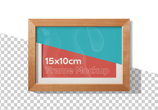 Mockup of horizontal cherry wood frame 10 x 15 cm with customizable background, mount and shadows