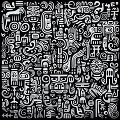 Fototapeta premium Black and white Maze Pattern: Absurd Doodle with Human Abstraction, Simplistic Characters, and Trace Monotone. Incorporating Conceptual Street Art Elements, Cellular Formations