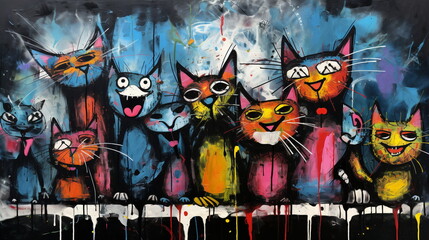 Humorous Graffiti Painting of Cats in Vibrant Paint, Featuring Dark Sky-Blue and Black Tones. Emotive Faces with Happy Expressionism