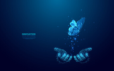 A digital abstract butterfly flies from businessman hands. Technology innovation concept. Futuristic low poly wireframe vector illustration. Metaverse evolution metaphor. Blue hologram effect.