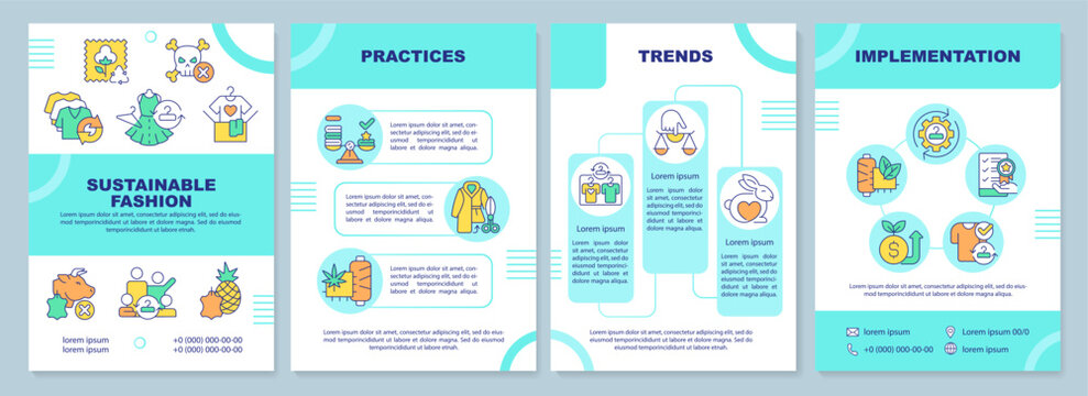 2D sustainable fashion blue brochure template, leaflet design with thin line icons, 4 vector layouts.