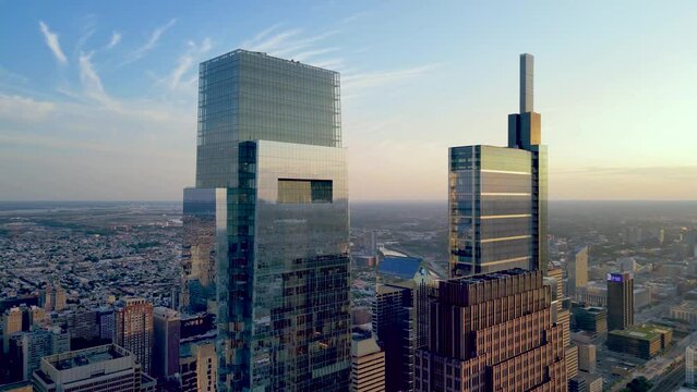 Philadelphia Skyscrapers during Golden Hour, Summer, Aerial Panorama