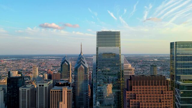 Philadelphia Skyscrapers, Linear Aerial Panorama on a Summer Day