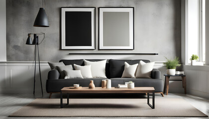 Simple interior design of a modern living room with black fabric sofa and cushions and poster frame