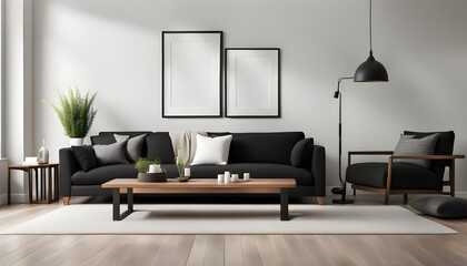 Obraz premium Modern living room simple interior design with black fabric sofa and cushions and blank poster frame