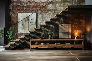 Fototapeta na wymiar modern industrial entrance hall with staircase and light natural materials