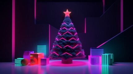 3d abstract christmas festive greeting backdrop christmas tree and present gift with neon ambient light magical of festive background