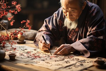 Obraz premium Calligraphy Artistry: Skilled calligraphers create beautiful, intricate characters to bring good fortune. Generated with AI