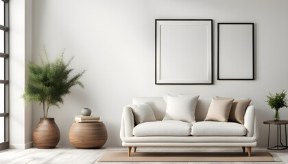 Modern living room simple interior design with white fabric sofa and cushions and blank poster frame