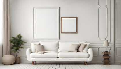 Modern living room simple interior design with white fabric sofa and cushions and blank poster frame