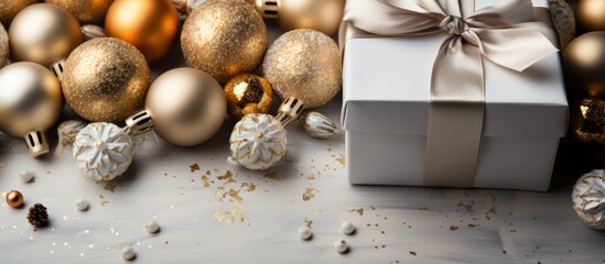 gift present box with ribbon composition topview decorate with christmas decorate ornament frame border christmas festive background concept with free copysace