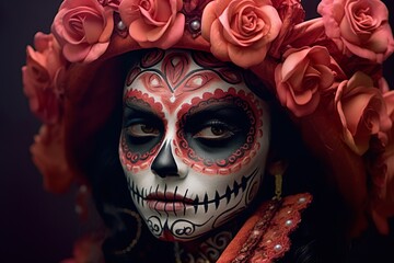 Portrait of Mexican beautiful catrina with roses on head Sugar skull makeup for day of dead in Mexico Dia de los muertos 