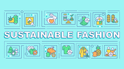 Sustainable fashion text with various thin line icons concept on blue monochromatic background, editable 2D vector illustration.