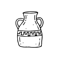 Antique vase with ornament. Vessel made of baked clay, ceramics. Household dishes. Doodle. Vector illustration. Hand drawn. Outline.