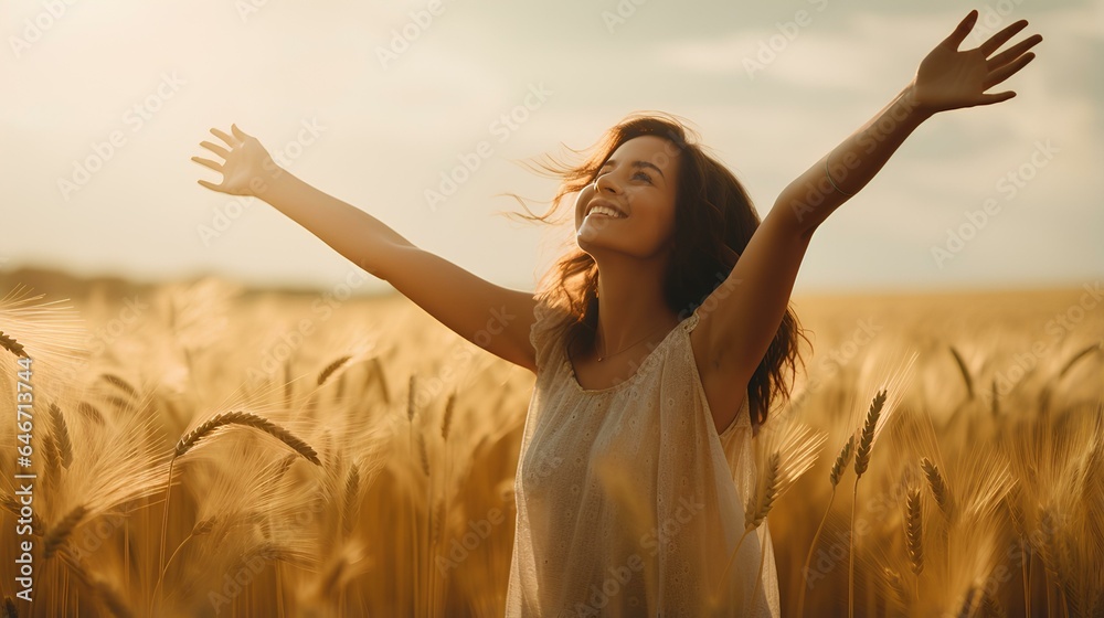 Wall mural happy woman with arms outstretched enjoying freedom in a wheat field. joyful female breathing fresh 