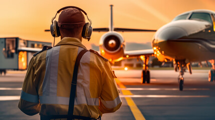 Specialist Ground control people prepares for departing of aircraft from the airport. Ground Handling agent in front of plane for review in the airport. Generative Ai