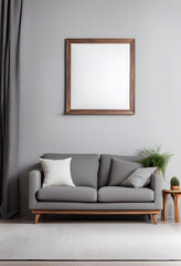 Modern living room simple interior design with gray fabric sofa and cushions and blank poster frame