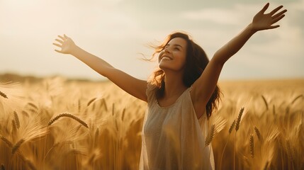 Naklejka na ściany i meble Happy woman with arms outstretched enjoying freedom in a wheat field. Joyful female breathing fresh air outside. happiness and mental healthy life style. generative AI