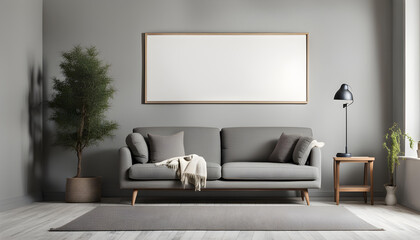 Modern living room simple interior design with gray fabric sofa and cushions and blank poster frame