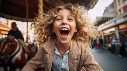 Happy little girl shows excitement while riding on colorful carousel