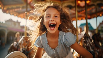 Fototapeta premium Happy little girl shows excitement while riding on colorful carousel