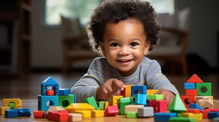 Foto op Plexiglas African American toddler playing with colorful wooden block toys © sirisakboakaew