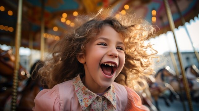 Happy little girl shows excitement while riding on colorful carousel