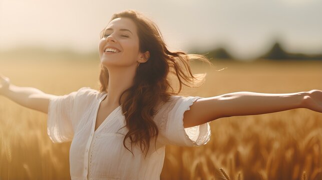 Happy Woman With Arms Outstretched Enjoying Freedom In A Wheat Field. Joyful Female Breathing Fresh Air Outside. Happiness And Mental Healthy Life Style. Generative AI