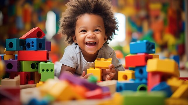 African American toddler playing with colorful wooden block toys