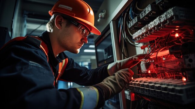 An electrician works on a fuse box decorated with safety equipment. Demonstrate professionalism