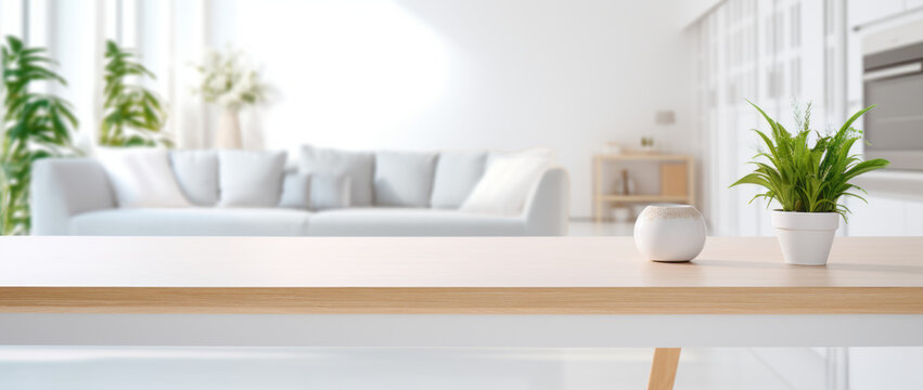 Copy space on a beige table with a blurred modern living room in the background