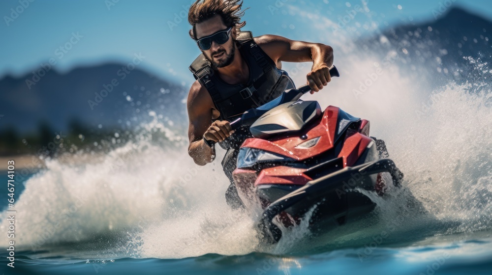 Canvas Prints man driving a jet ski and having fun during summer vacation