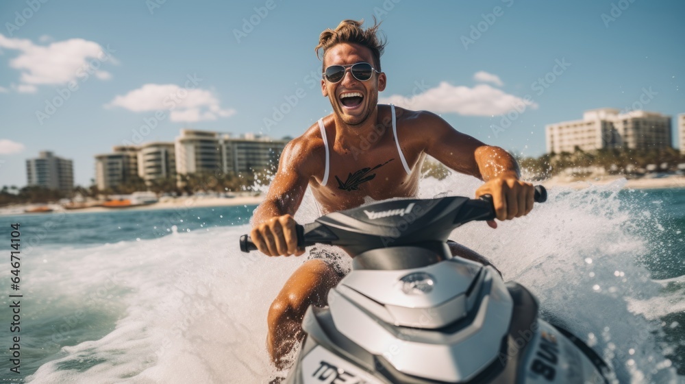 Wall mural man driving a jet ski and having fun during summer vacation