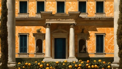 Fototapeta na wymiar Neoclassical building with citrus vines