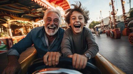 Grandfather and grandson smile and have fun while driving a bumper car in an amusement park. - obrazy, fototapety, plakaty