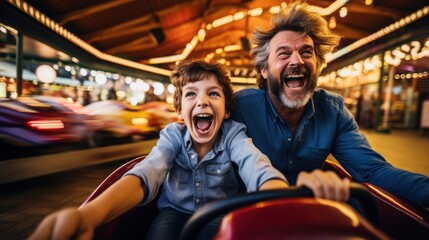 Fototapeta na wymiar Grandfather and grandson smile and have fun while driving a bumper car in an amusement park.
