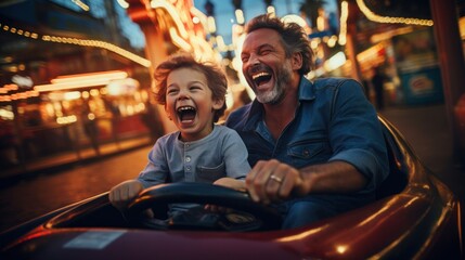 Grandfather and grandson smile and have fun while driving a bumper car in an amusement park.