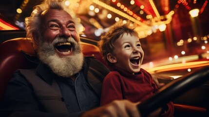 Fototapeta premium Grandfather and grandson smile and have fun while driving a bumper car in an amusement park.