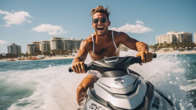 Man driving a jet ski and having fun during summer vacation