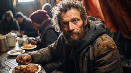 Obraz premium Poor homeless man with hot food in warming center