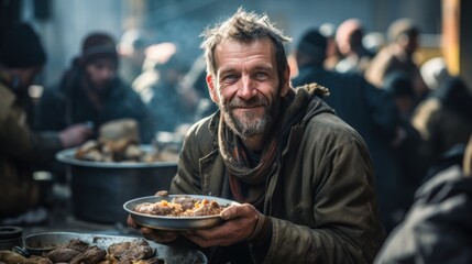 Poor homeless man with hot food in warming center