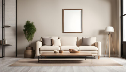 Fototapeta na wymiar Modern living room simple interior design with beige fabric sofa and cushions and blank poster frame