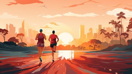 Two runners running in the park at sunrise