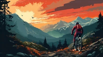 Poster A woman riding a mountain bike rides a bicycle in a summer mountain forest landscape. © sirisakboakaew