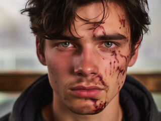 Obraz premium a young guy with bruises under his eyes and a broken nose. 